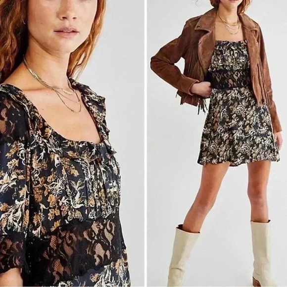 Free People Lucie Mini Dress in Black Combo With Lace Detail Size 8 - Picture 2 of 16